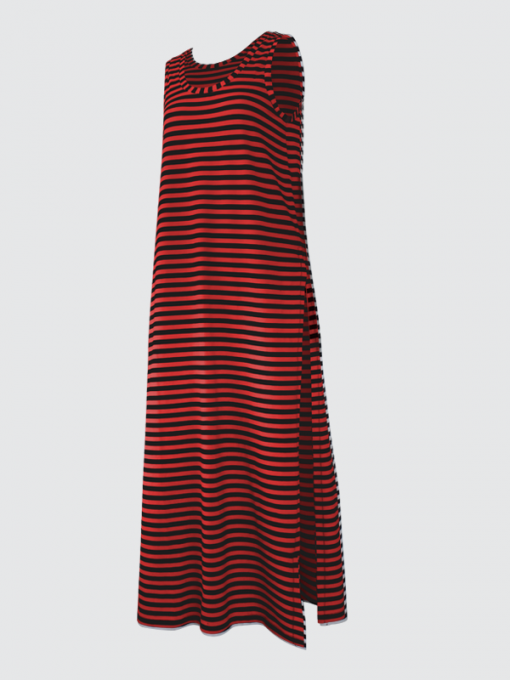 Sleeveless Long Striped Dress with Side Slits - Cotton Jersey - Image 2
