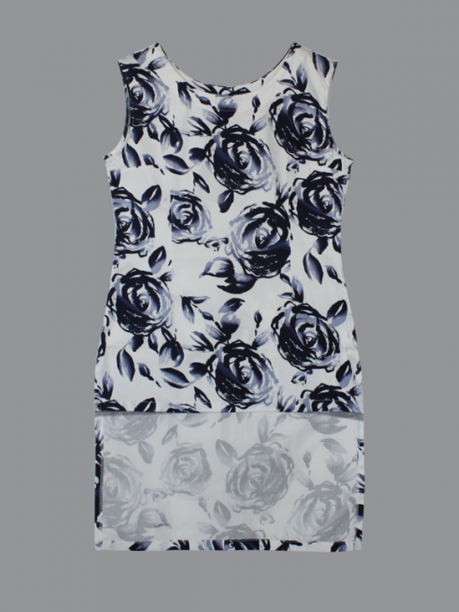 Sleeveless Short High Low Dress - With Floral Print Design