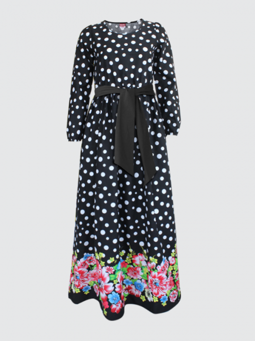 Long Dress with Long Sleevess - Polka dot and Floral Print - Image 3