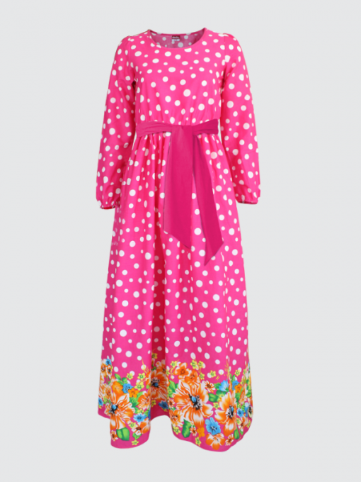 Long Dress with Long Sleevess - Polka dot and Floral Print - Image 2