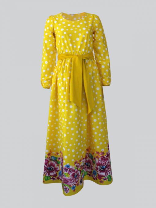 Long Dress with Long Sleevess - Polka dot and Floral Print - Image 4