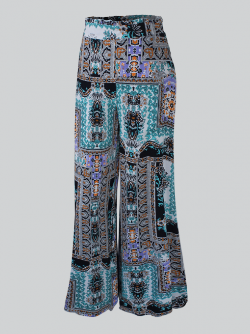 Palazzo (Wide Leg) Pants with Elastic Waistband - Multi-Colored Prints - Rayon