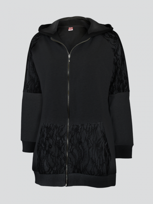 Long Hooded Cardigan With Zipper and Light Lace - Spandex Fleece - Image 3