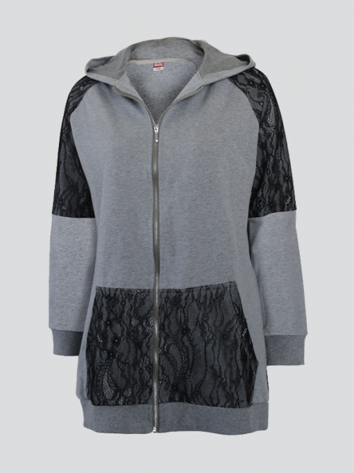 Long Hooded Cardigan With Zipper and Light Lace - Spandex Fleece - Image 2
