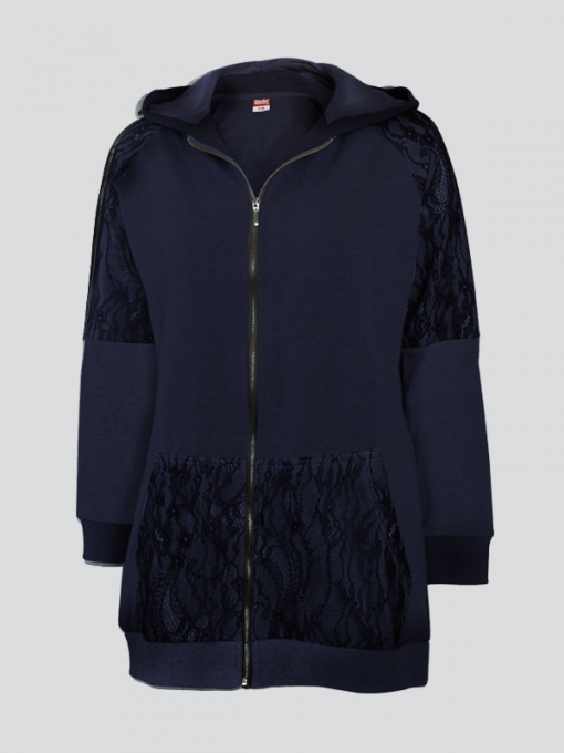 Long Hooded Cardigan With Zipper and Light Lace - Spandex Fleece