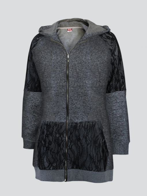 Long Hooded Cardigan With Zipper and Light Lace - Terry Fleece