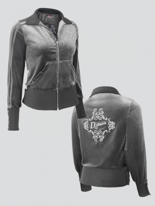 Regular Cardigan With Zipper, Strass Front And Back Logo Design - Stripes On Sleeves Plus Front Pockets - Polyester Velvet - Image 6