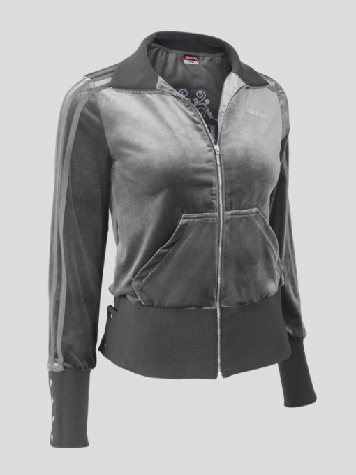 Regular Cardigan With Zipper, Strass Front And Back Logo Design - Stripes On Sleeves Plus Front Pockets - Polyester Velvet