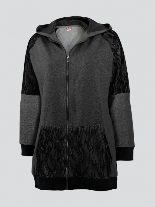 Long Hooded Cardigan With Zipper and Light Lace - Terry Fleece - Image 2