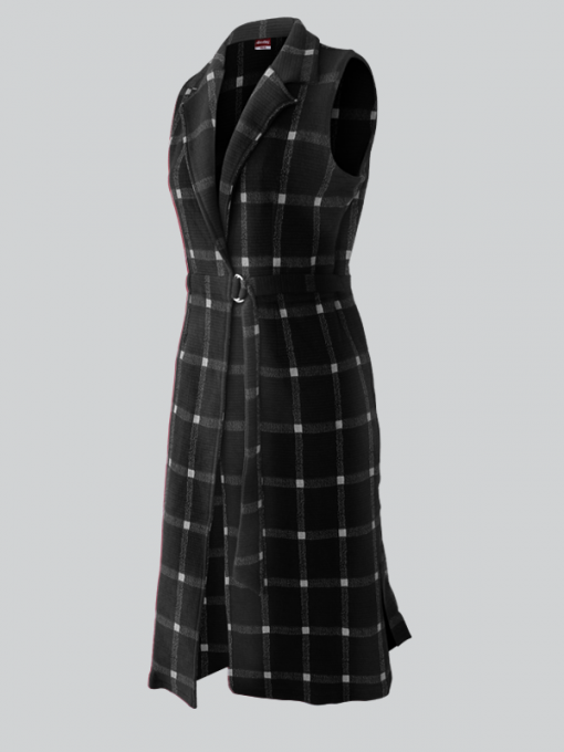 Checkered Long Vest With Belt And Side Slits - Image 3