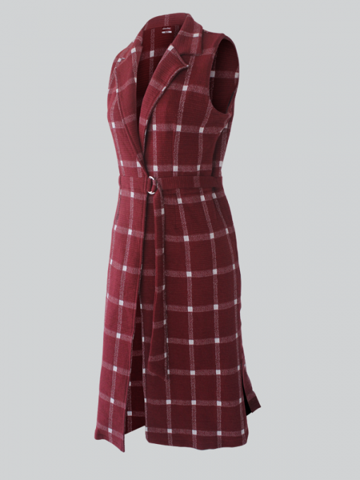 Checkered Long Vest With Belt And Side Slits