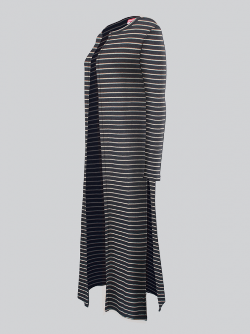 Striped Extra Long Open Cardigan With Side Slits