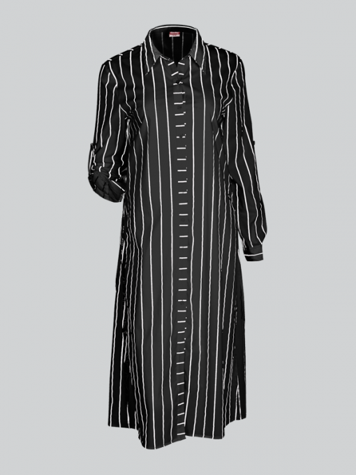 (English) Striped Long Shirt With Side Slits - Cotton Polyester Stretch