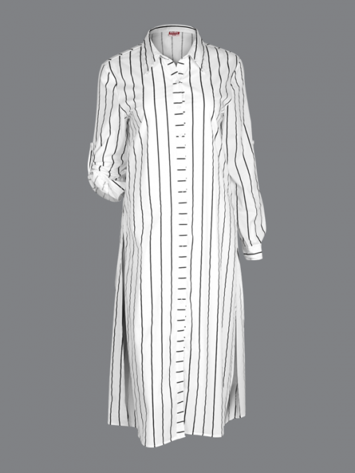 ⁦(English) Striped Long Shirt With Side Slits - Cotton Polyester Stretch⁩ - الصورة ⁦2⁩